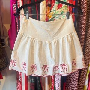 Cream Circle Skirt with Red Cherry Embroidery